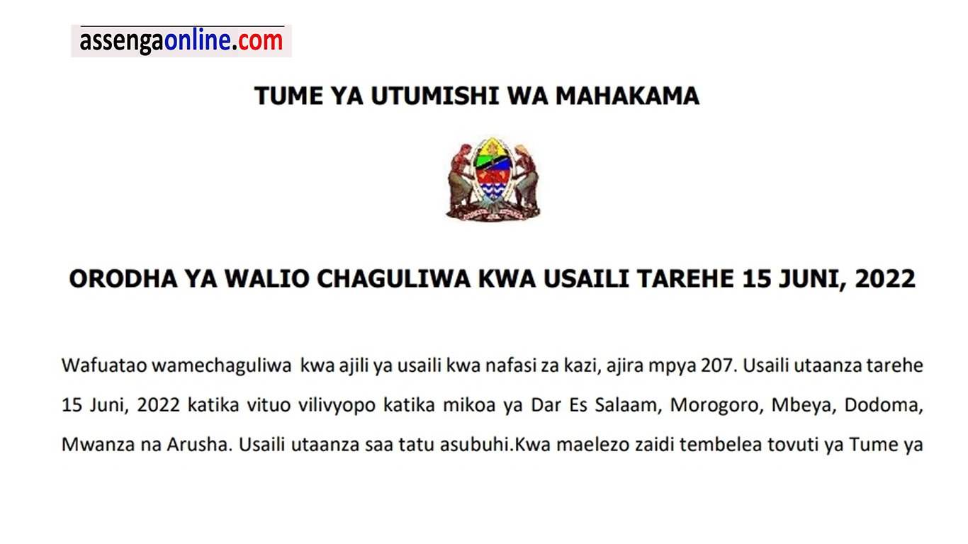 Names Called for Interview at Tume ya Utumishi wa Mahakama.