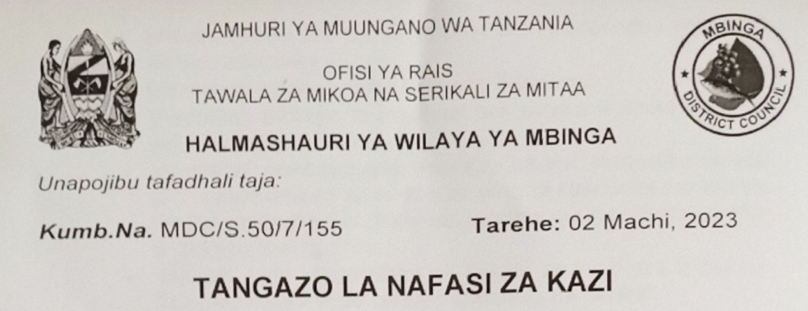 Government jobs at Mbinga District council