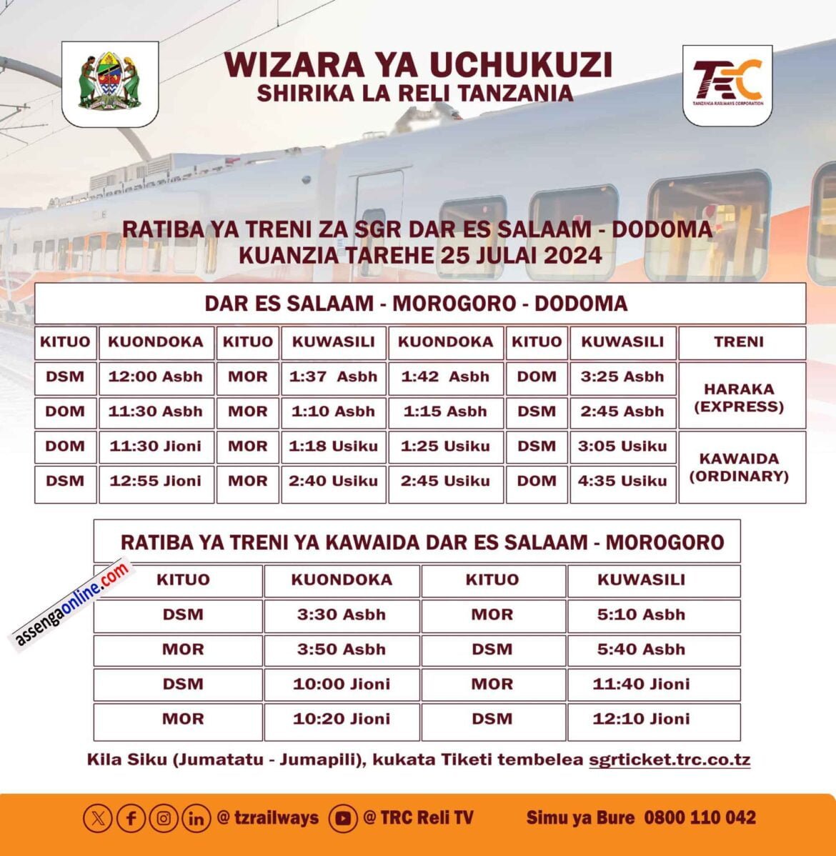 Ratiba ya treni ya umeme Dar to Dodoma 2024