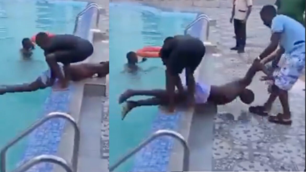 A young man has died while swimming with his girlfriend in a swimming pool.