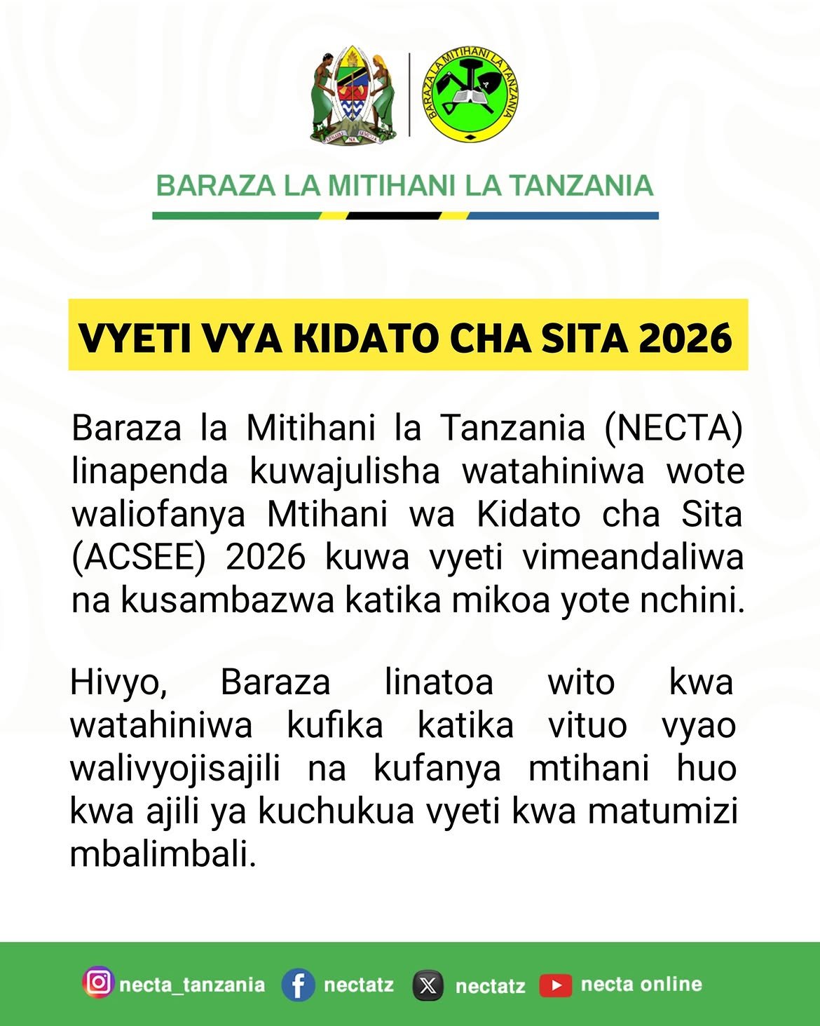 Vyeti vya kidato cha sita 2026 vimetoka - NECTA 3 Kidato cha Sita 2026 NECTA Vimetoka