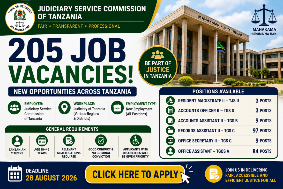 Tanzania Judiciary Service Commission Jobs 2026: 205 Vacancies – Apply Online
