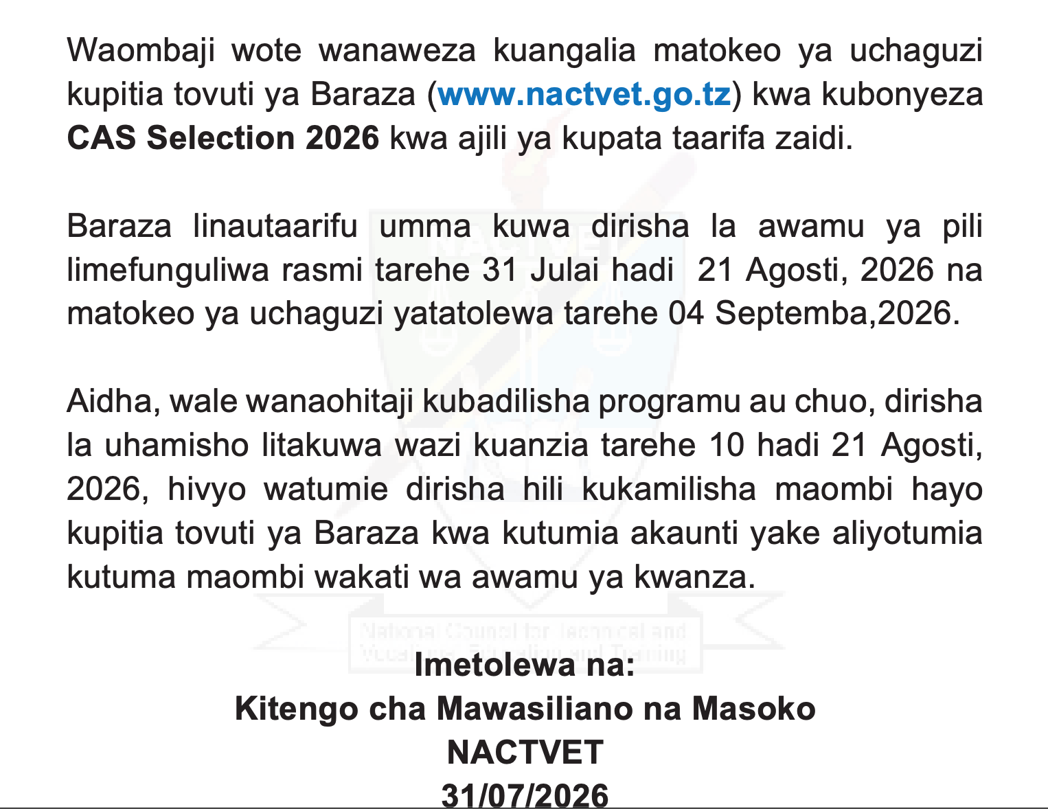 Dirisha la Pili maombi ya vyuo vya Afya - Application of Second window CAS 2026 3 Screenshot 2026 08 04 at 08.29.25